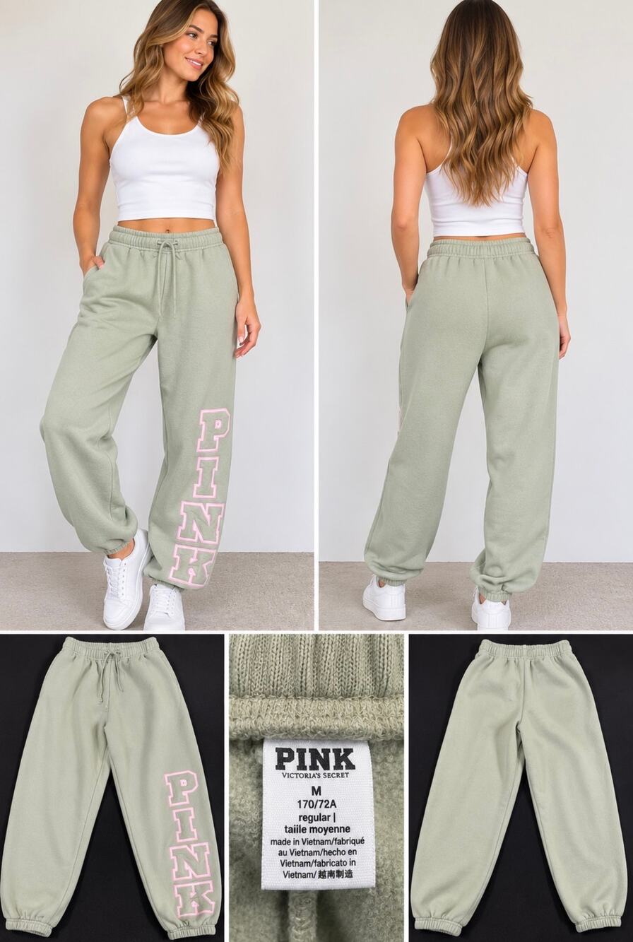 Victoria’s Secret PINK Sage Green Logo Fleece Jogger Sweatpants Size M